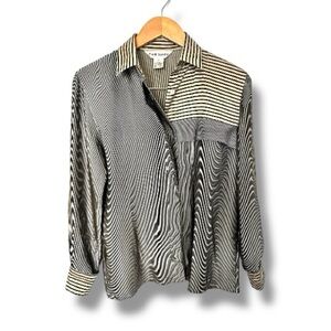 Vintage Paolo Santini 100% Silk Blouse Striped Button Down Black Beige Size 6